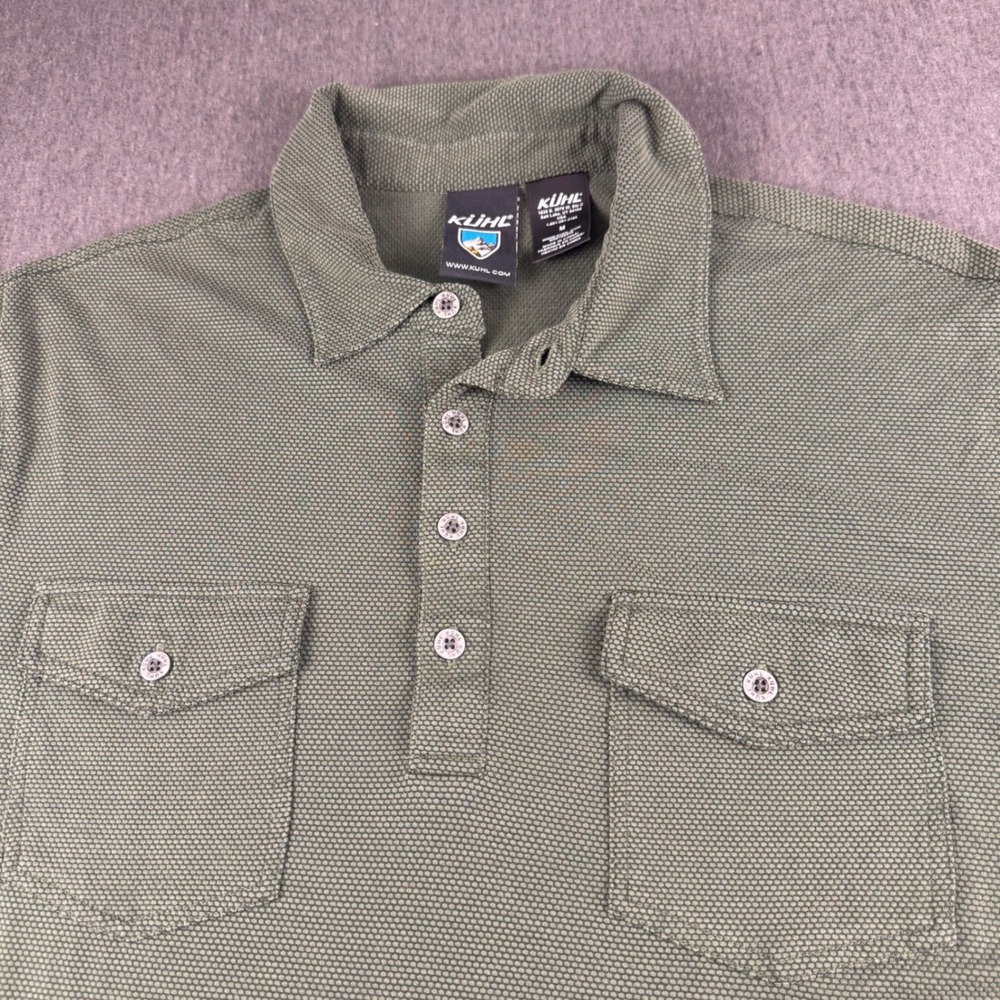 Kuhl Mens Short Sleeve Textured Polo Shirt Olive Green Two Pocket Medium